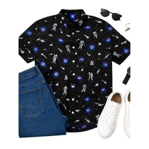 Massive Apparel NASA Astronaut Space Print Button Up Shirt Black Men Size L EUC